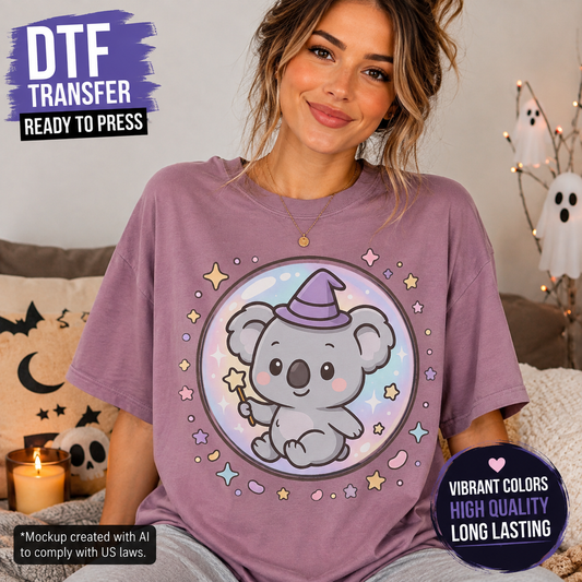 A woman wearing a lavender-purple t-shirt with a cartoon koala graphic, posed in a cozy room setting with Halloween decorations. Text overlays highlight 'DTF TRANSFER READY TO PRESS' and 'Vibrant Colors HIGH QUALITY LONG LASTING'.