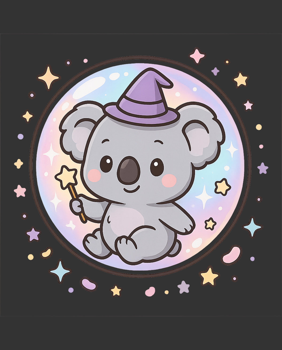 A cute cartoon koala wearing a purple wizard hat and holding a star wand, centered inside a pastel rainbow circle on a dark charcoal background with scattered stars and dots.