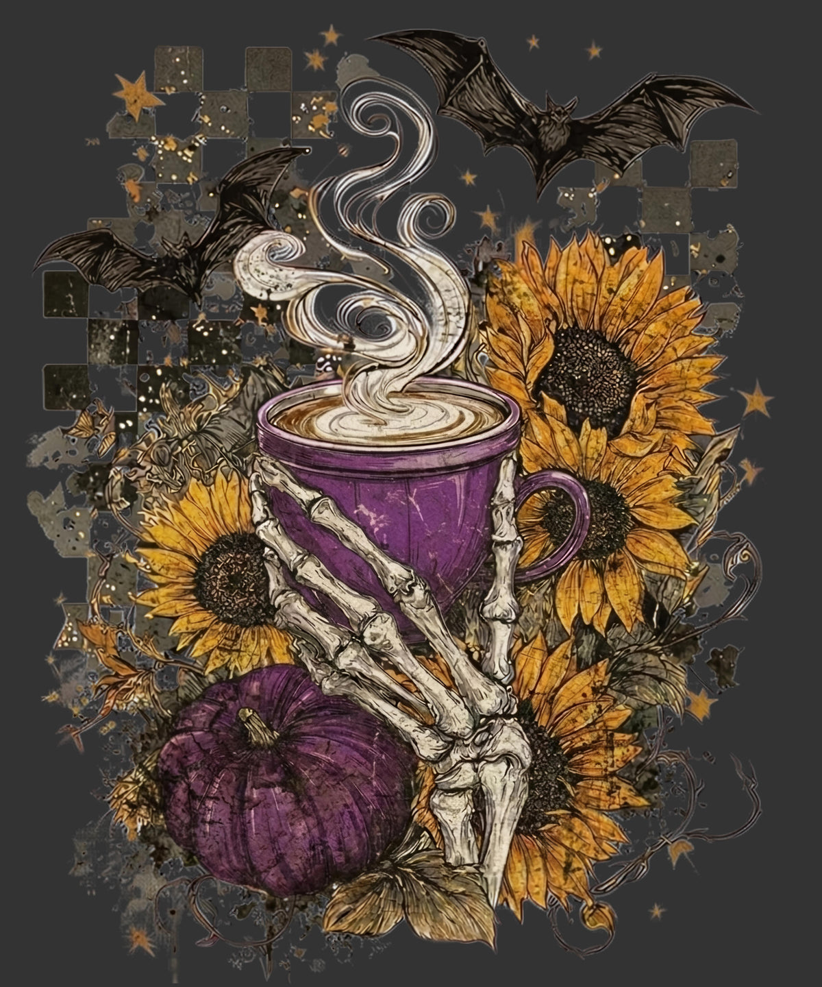Halloween-themed graphic illustration featuring a purple mug with steaming coffee held by skeletal hands, surrounded by yellow sunflowers, a purple pumpkin, bats, and stars on a dark gray background.