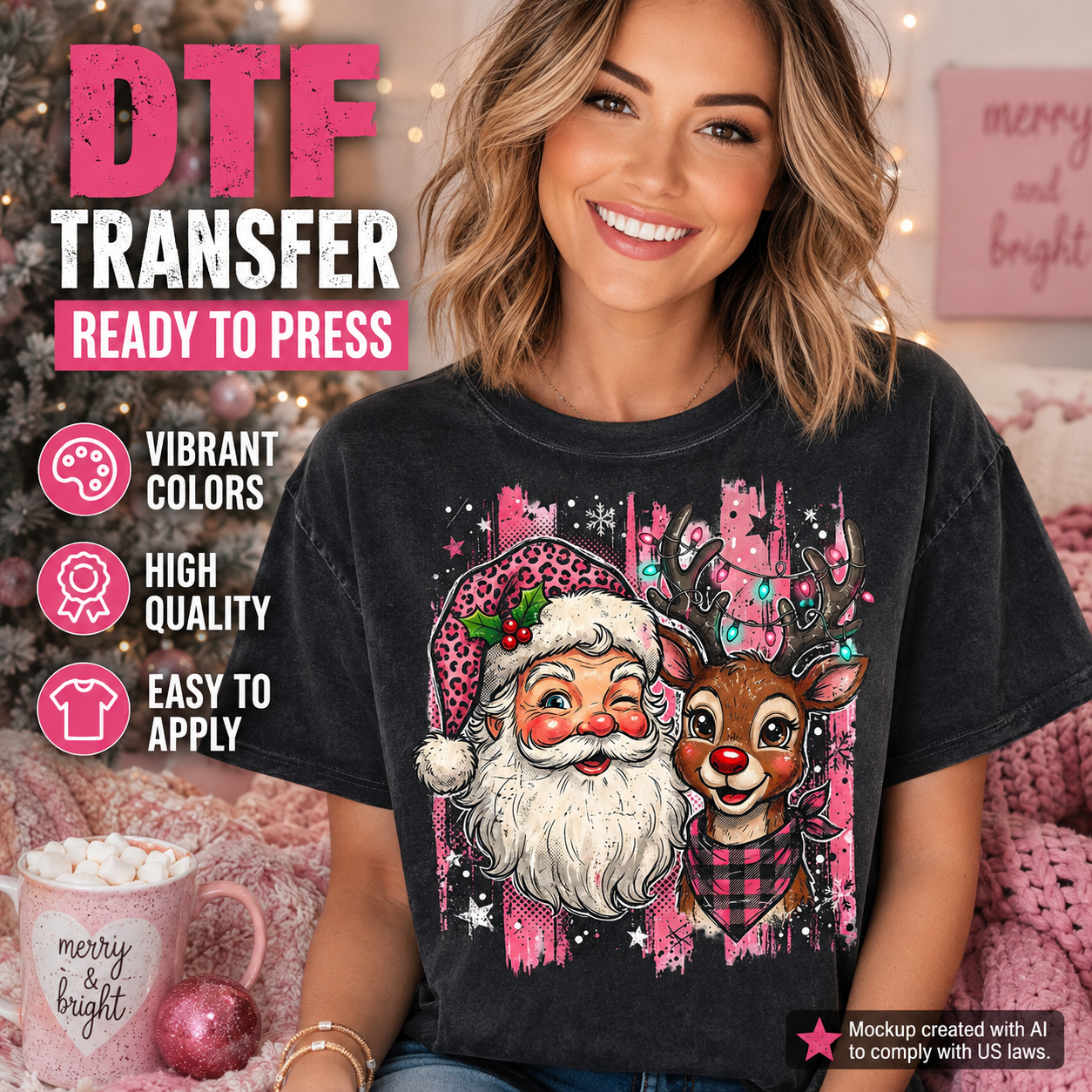 A woman wearing a black graphic t-shirt featuring a festive Christmas design of Santa Claus and a reindeer. The image includes promotional text overlays highlighting 'DTF TRANSFER READY TO PRESS' and features a cozy holiday-themed background with a mug, pink blanket, and warm lights.