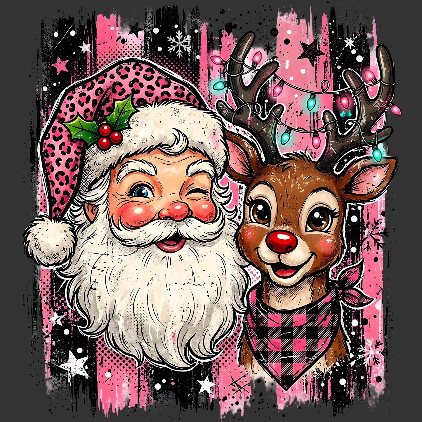 A festive Christmas illustration featuring Santa Claus and a reindeer. Santa wears a pink leopard-print hat with a holly accent, and the reindeer has antlers wrapped in pink and blue holiday lights and a pink plaid bandana.