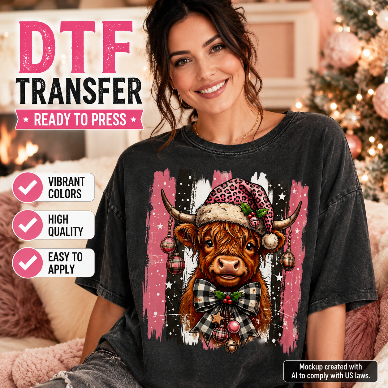 A woman wearing a black graphic t-shirt featuring a festive Highland cow illustration with a leopard-print Santa hat, plaid bow tie, and bells, set against a pink and white distressed background. The image includes promotional text overlays for a DTF transfer product.