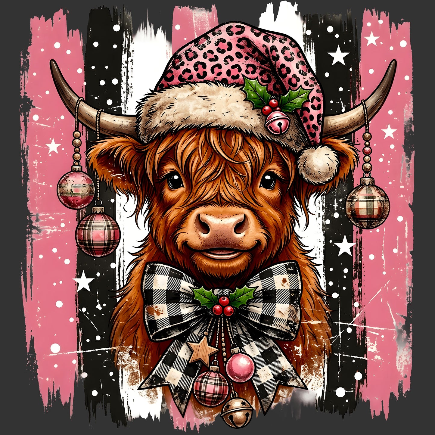 A stylized illustration of a Highland cow wearing a pink leopard-print Santa hat with a white pom-pom, a black-and-white plaid bow tie with holly, and hanging Christmas ornaments, set against a distressed pink, black, and white background.