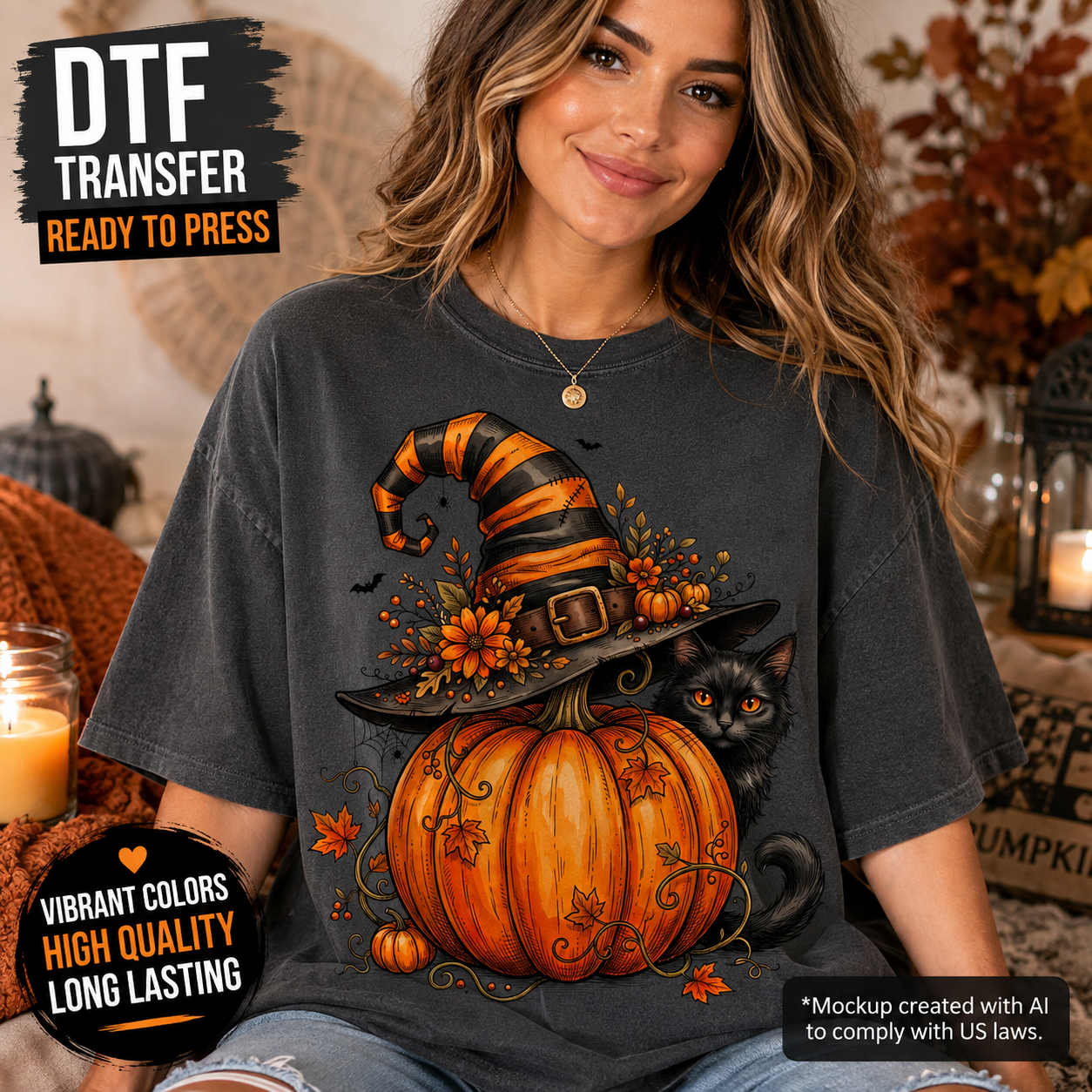A woman wearing a dark charcoal gray t-shirt with a graphic of a black cat peeking out from a large orange pumpkin, wearing an orange and black witch hat decorated with autumn flowers. The image features promotional text overlays for a DTF transfer product.