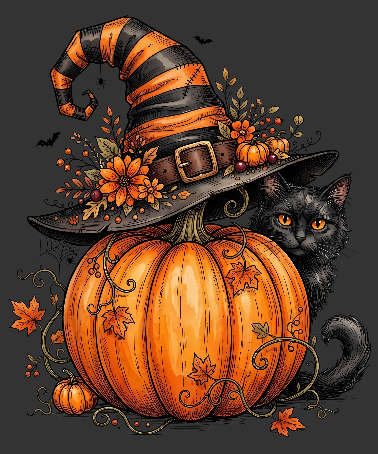 Halloween illustration featuring a large orange pumpkin with a witch hat, autumn leaves, flowers, and a black cat with glowing orange eyes on a dark gray background.