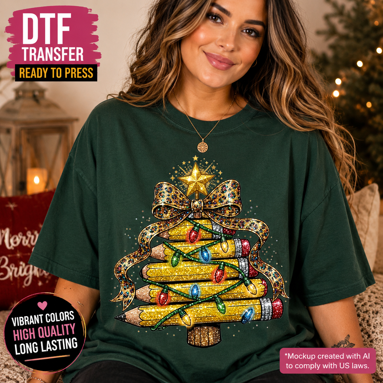 A woman wearing a dark forest green T-shirt with a large glittery Christmas tree graphic made of yellow pencils, red and blue ornaments, and a leopard print bow. The image includes promotional text overlays for a DTF transfer mockup.