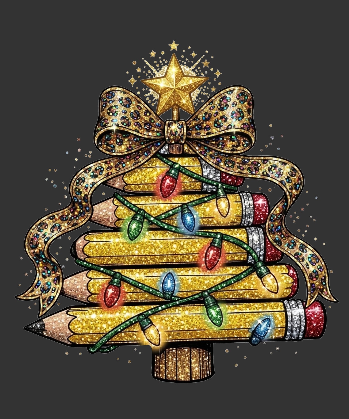 A festive Christmas tree made from stacked gold glitter pencils, decorated with a large patterned gold bow, a gold star topper, and multicolored holiday lights on a dark gray background.
