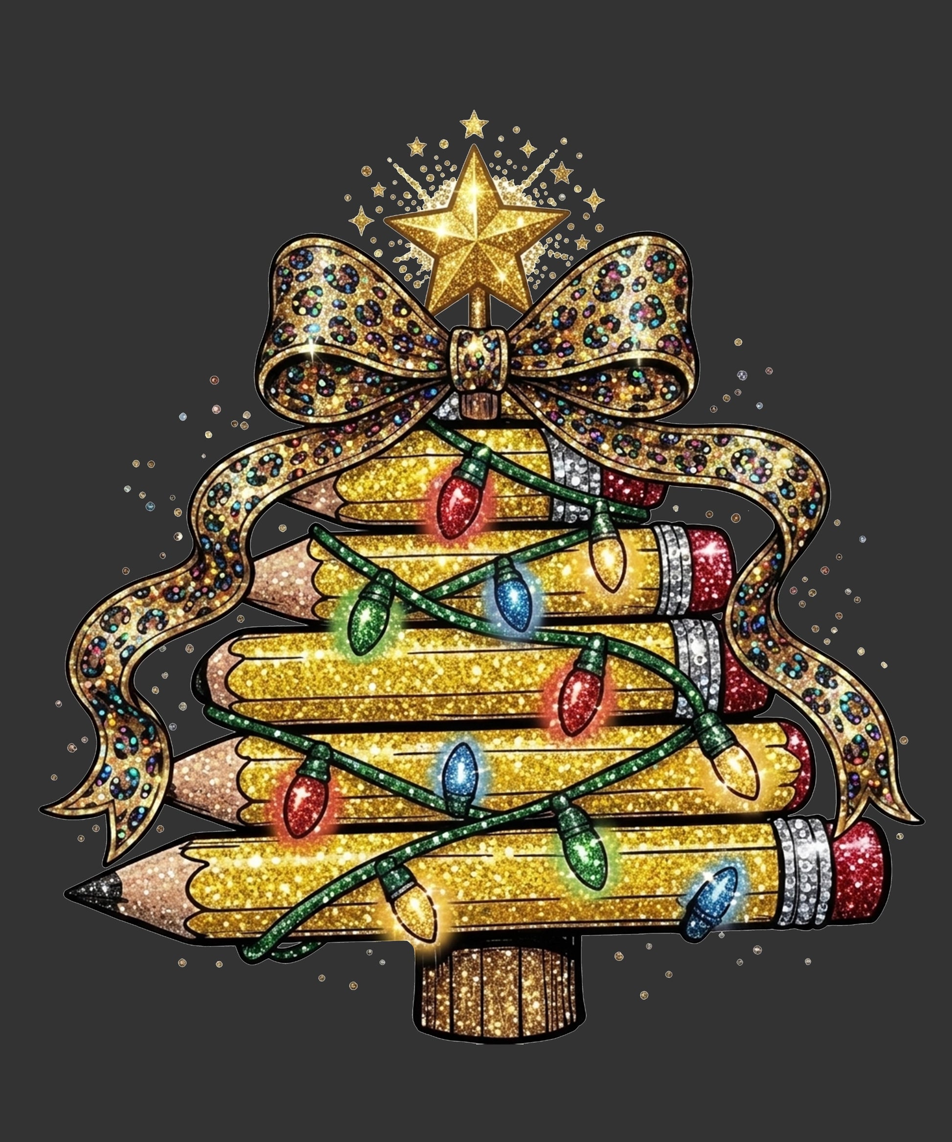 A festive Christmas tree made from stacked gold glitter pencils, decorated with a large patterned gold bow, a gold star topper, and multicolored holiday lights on a dark gray background.
