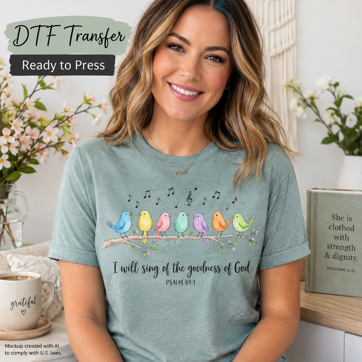 A woman wearing a sage green graphic t-shirt with a colorful design of seven birds on a branch and the text 'I will sing of the goodness of God PSALM 89:1'. The image is a mockup with text overlays 'DTF Transfer Ready to Press' and features a cozy home background with flowers and a book.