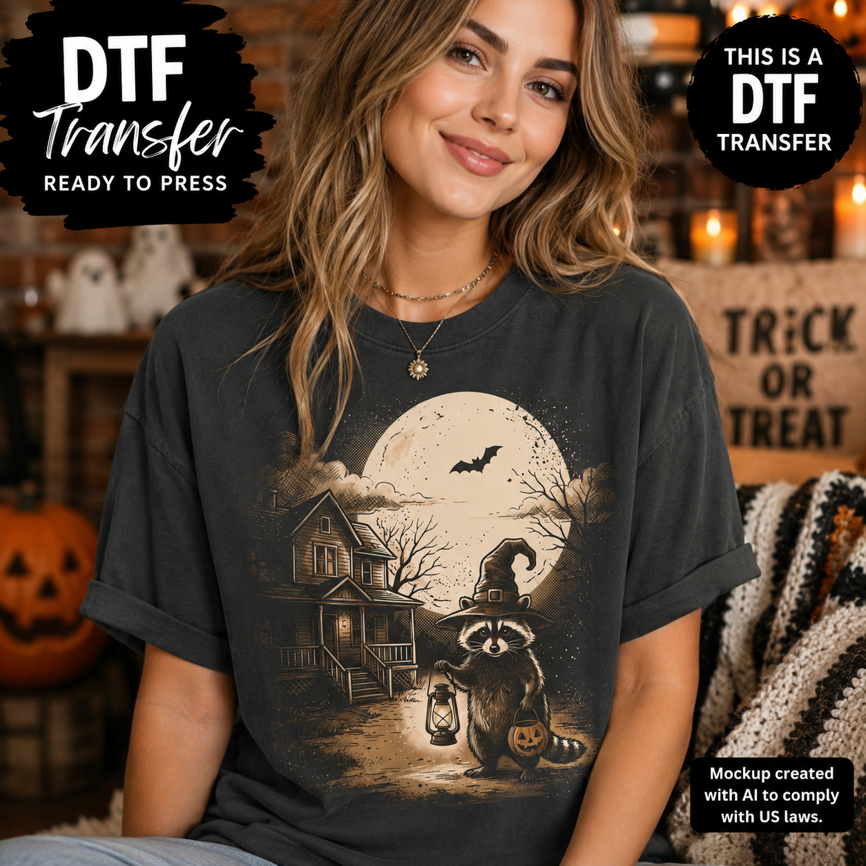 A woman wearing a dark charcoal gray t-shirt with a graphic print of a raccoon dressed as a witch holding a lantern next to a haunted house under a full moon. The image is a digital mockup with 'DTF Transfer Ready to Press' and 'This is a DTF Transfer' badges.