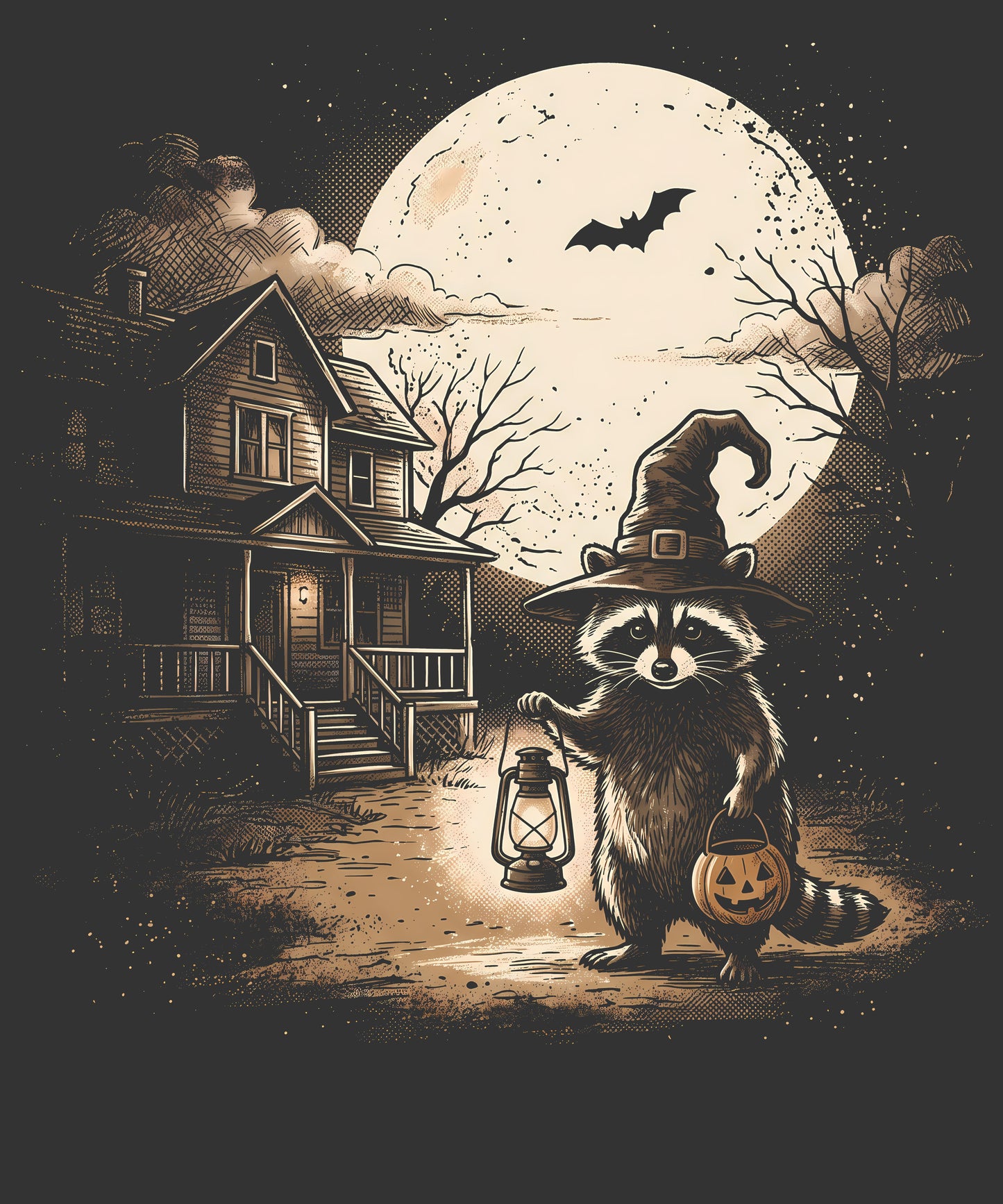Halloween illustration featuring a raccoon in a witch hat holding a lantern and a pumpkin bucket, standing in front of a haunted house under a large full moon with a bat in the sky.