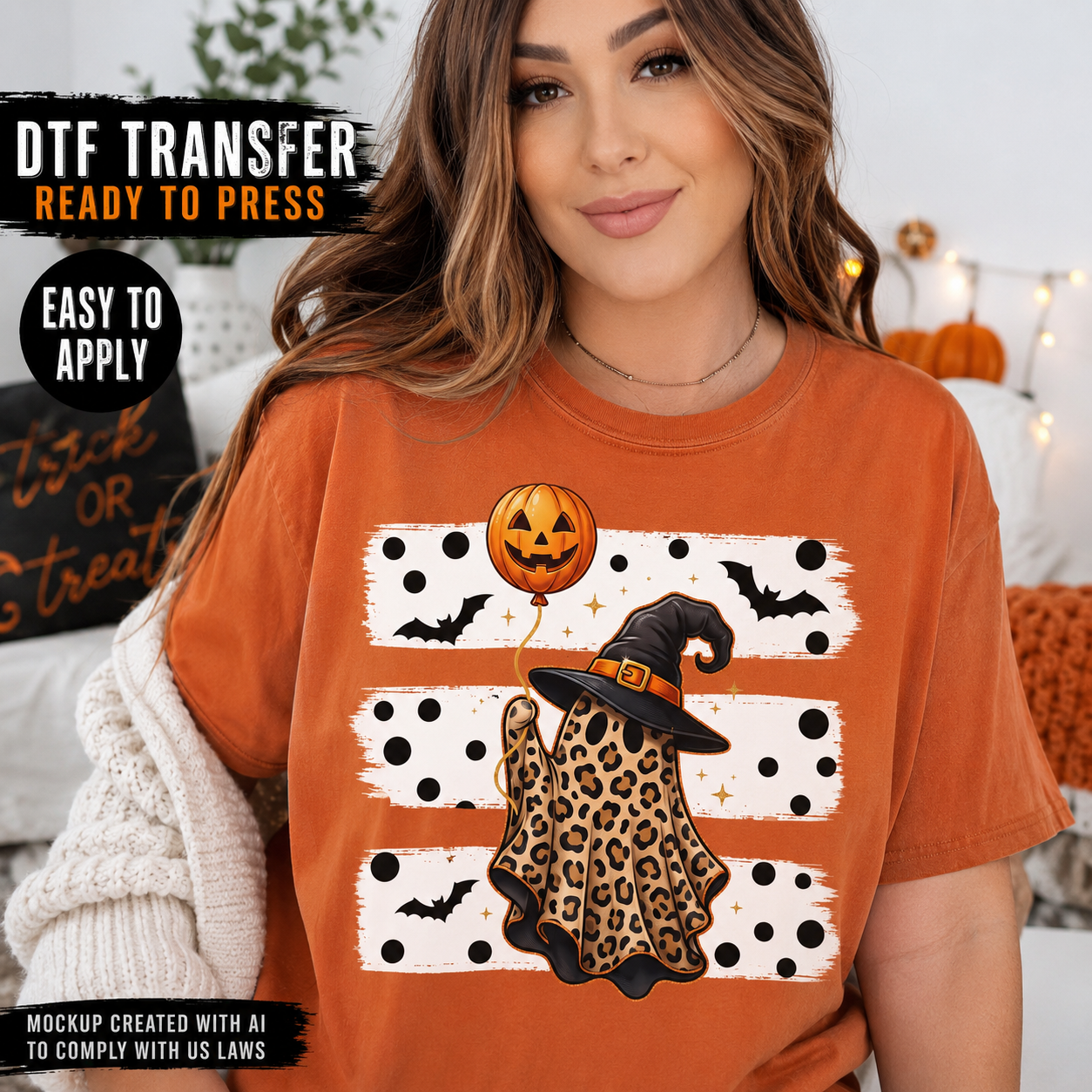 A woman wearing an orange graphic T-shirt with a Halloween design featuring a witch hat, leopard-print ghost, bats, stars, and striped polka dots. The image includes promotional text overlays reading 'DTF TRANSFER READY TO PRESS' and 'EASY TO APPLY'.