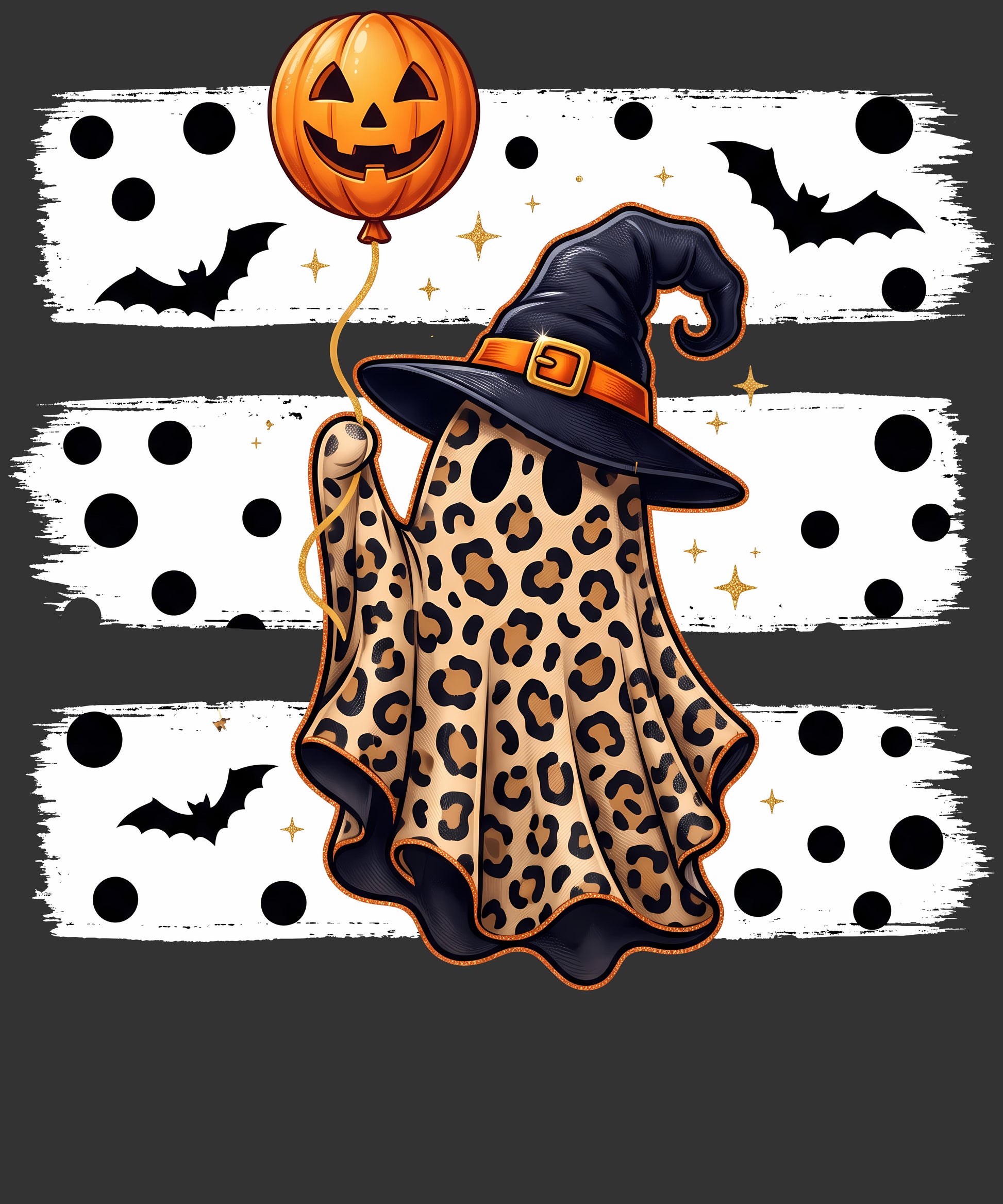 Halloween graphic design featuring a leopard-print ghost wearing a black witch hat with an orange band, holding an orange jack-o'-lantern balloon. The background consists of horizontal white brushstroke bands with black polka dots and black bat silhouettes on a dark gray base.