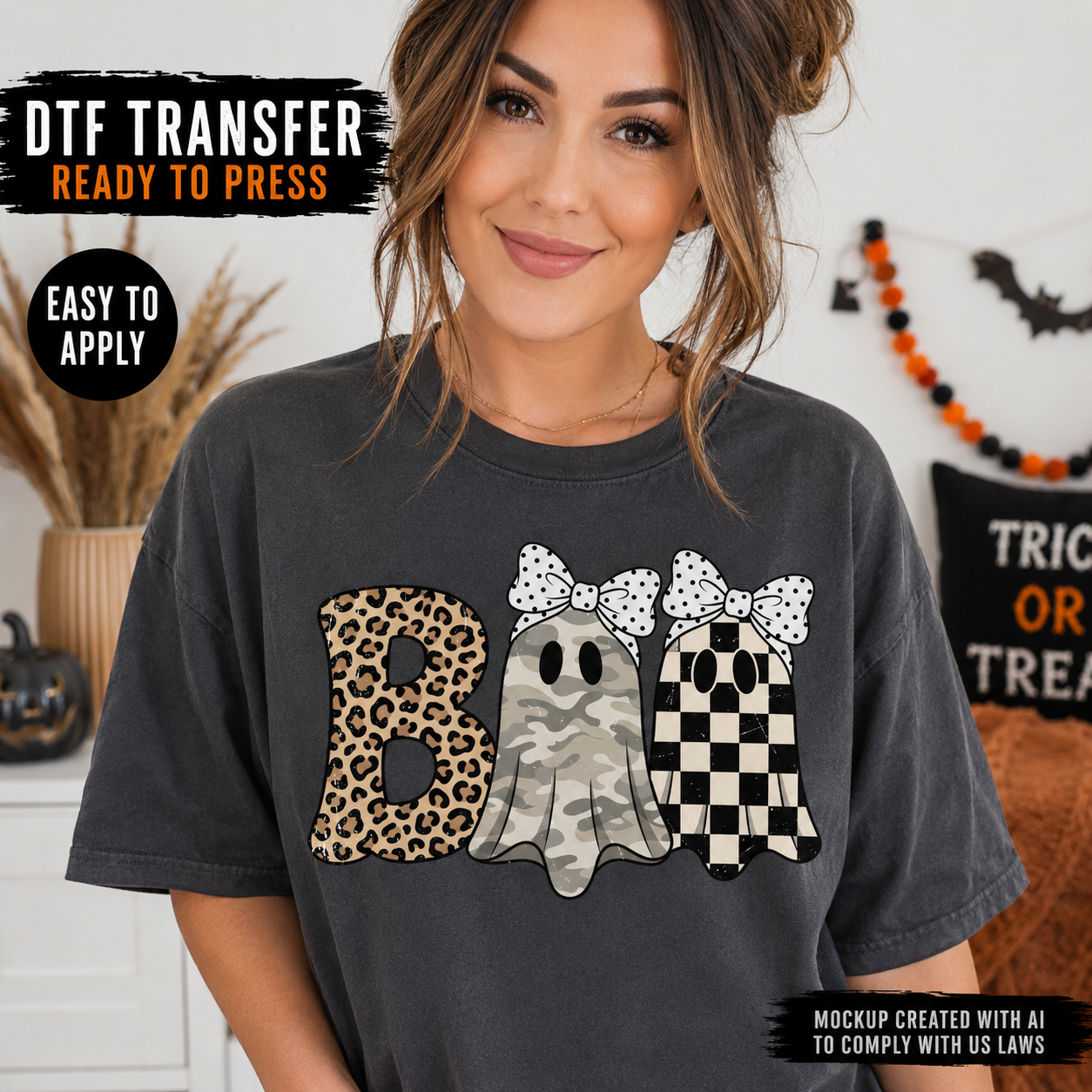 Halloween Boo ghost trio DTF transfer shown on charcoal T-shirt mockup