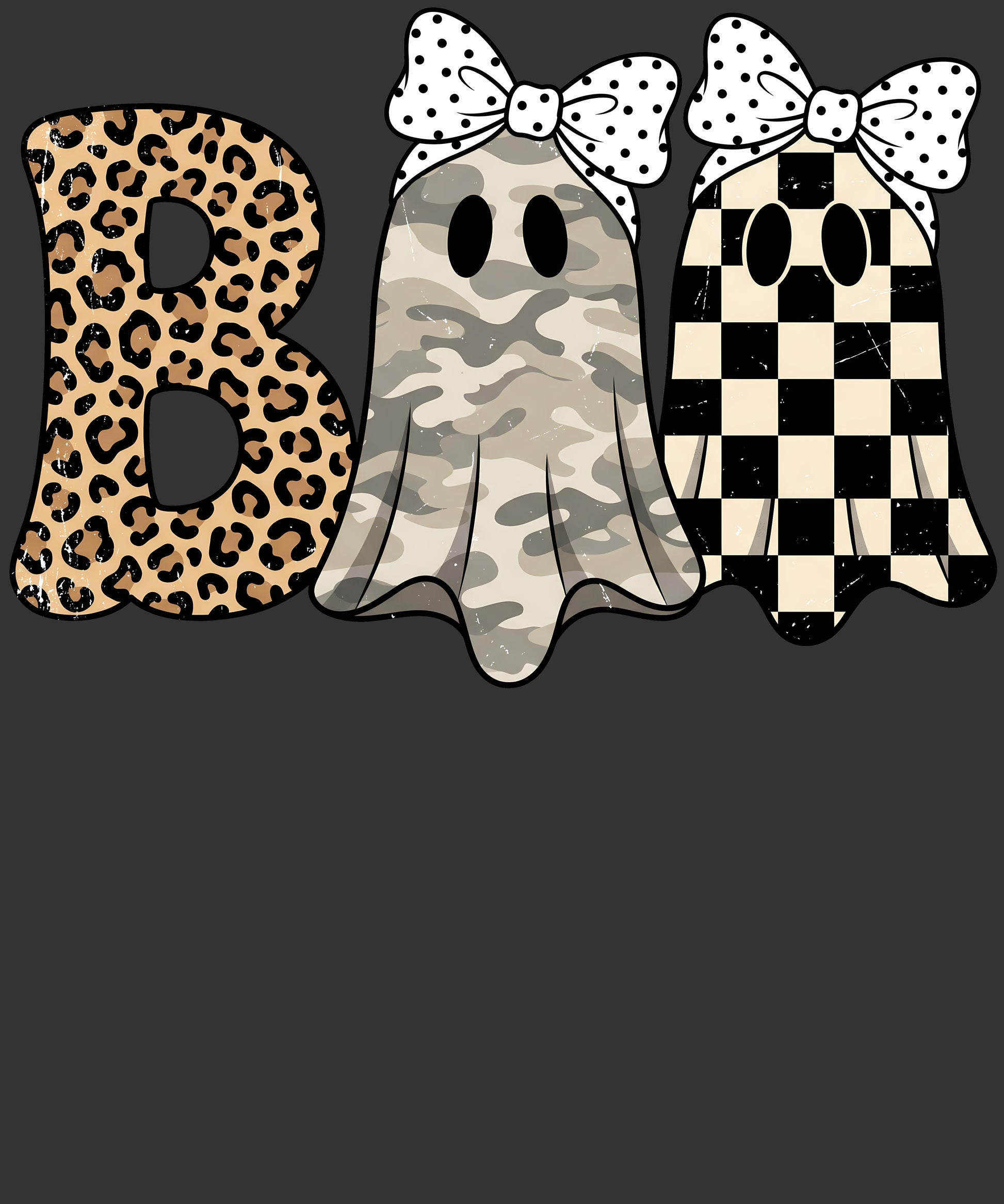 Three Halloween ghost decorations with different pattern designs: leopard print, camouflage, and black and white checkerboard, each with a polka-dot bow on top, set against a dark gray background.