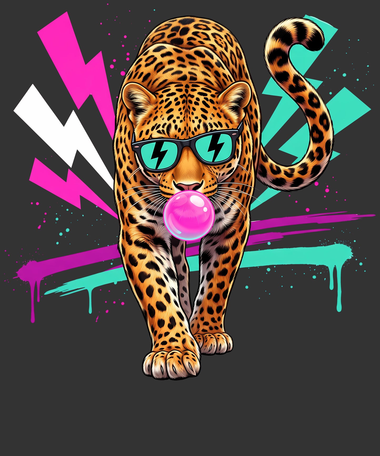 A stylized illustration of a leopard walking forward with sunglasses, a pink bubblegum bubble, and neon paint-splatter graphics on a dark gray background.