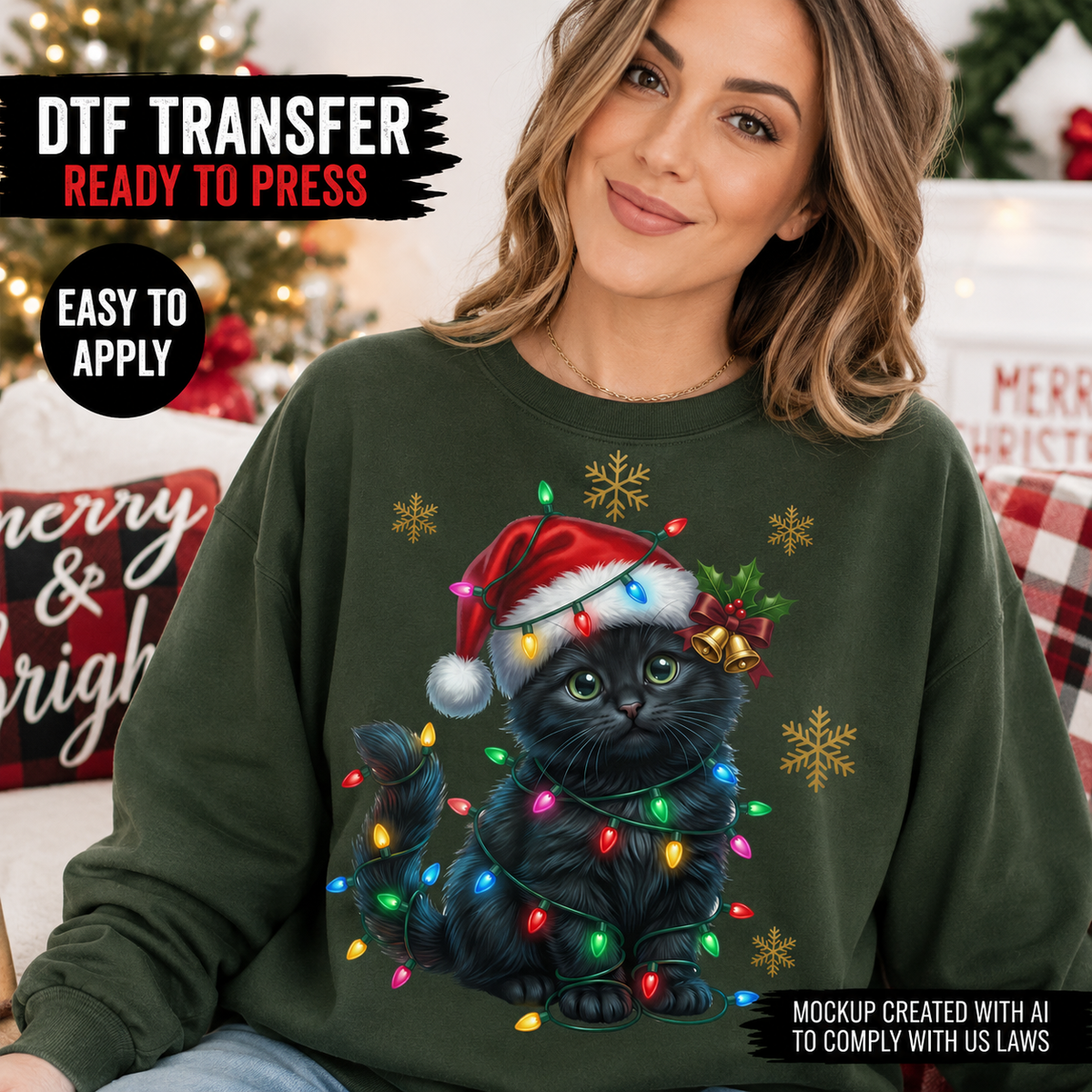A woman wearing an olive green crewneck sweatshirt with a graphic of a black cat wearing a red Santa hat and surrounded by colorful Christmas lights, set against a cozy holiday background with promotional text overlays.