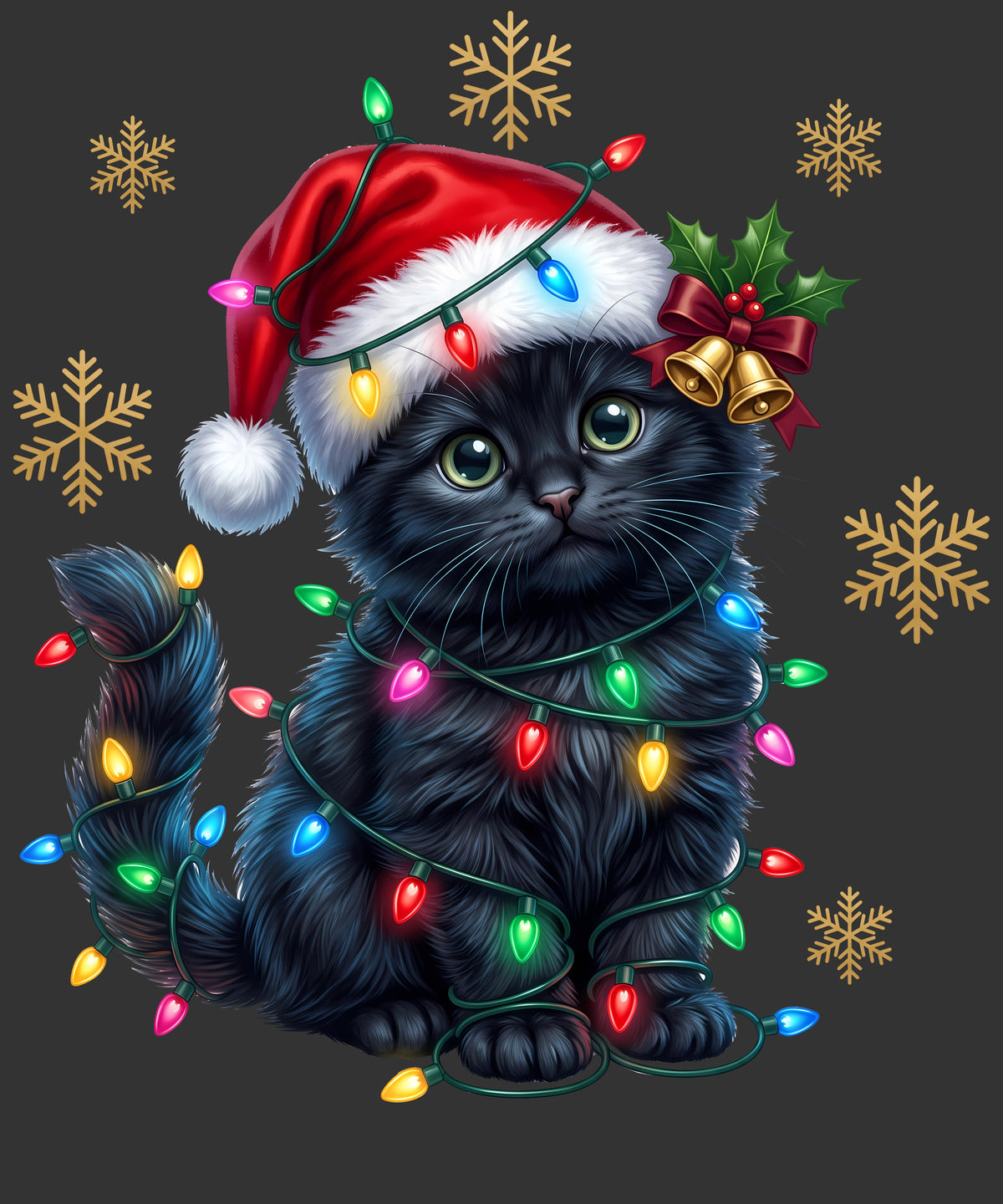 A black cat wearing a red Santa hat and wrapped in multicolored Christmas string lights, set against a dark gray background with gold snowflakes and a small holly-and-bell accent.