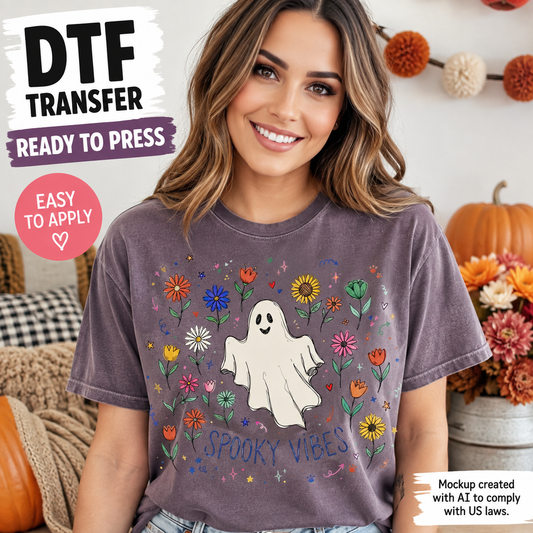 A woman wearing a charcoal gray T-shirt with a colorful Halloween graphic featuring a ghost, flowers, and the text 'Spooky Vibes'. The image includes promotional text overlays for a DTF transfer product.