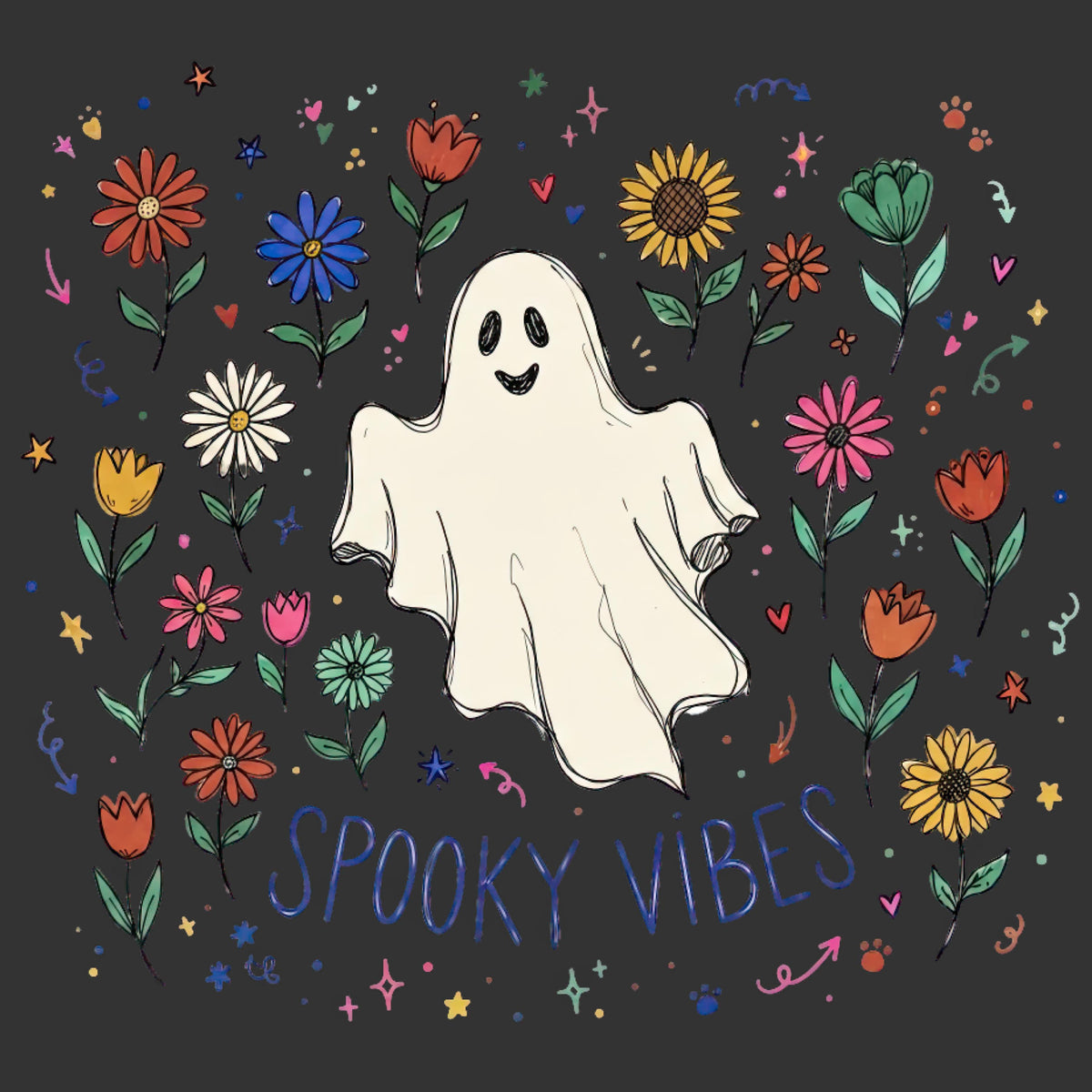 Cute ghost surrounded by colorful flowers with Spooky Vibes text ready to press DTF transfer