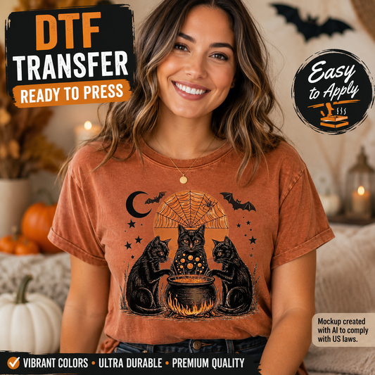 A woman wearing a burnt orange graphic t-shirt with a Halloween cat design, set in a cozy indoor environment with pumpkins and candles. Text overlays highlight 'DTF TRANSFER READY TO PRESS' and 'Easy to Apply'.