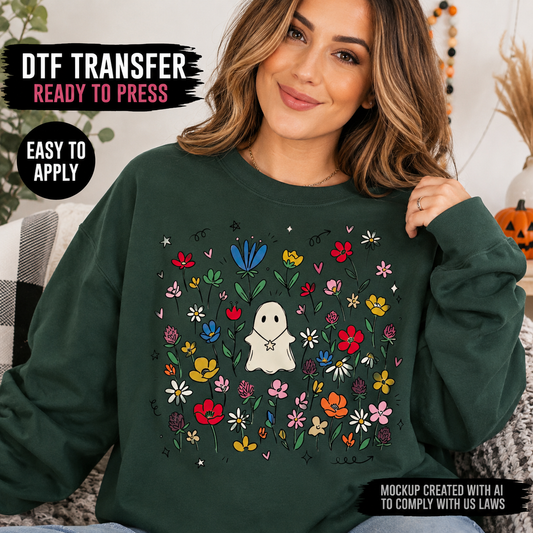 A woman wearing a dark green crewneck sweatshirt with a colorful graphic of a white ghost surrounded by flowers. The image includes promotional text overlays reading 'DTF TRANSFER READY TO PRESS' and 'EASY TO APPLY'.
