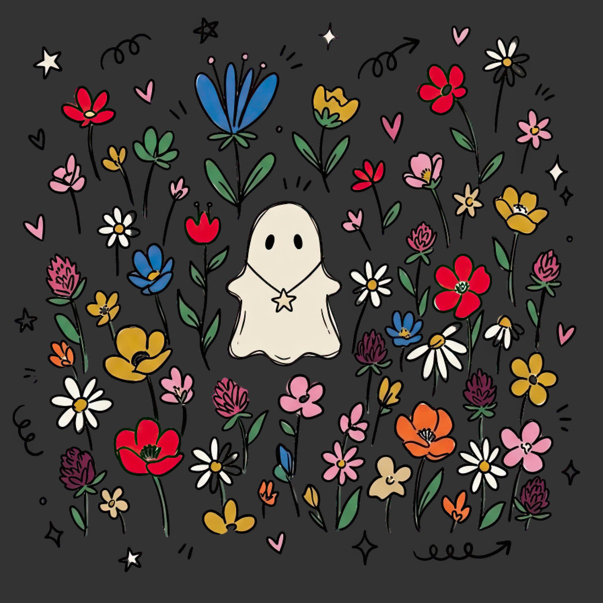 Cute ghost surrounded by colorful wildflowers ready to press Halloween DTF transfer