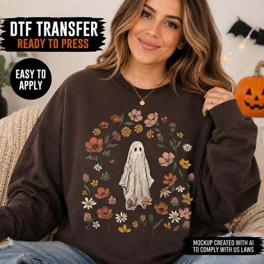 A woman wearing a dark brown crewneck sweatshirt with a graphic of a white ghost surrounded by a floral wreath. The image includes promotional text overlays reading 'DTF TRANSFER READY TO PRESS' and 'EASY TO APPLY'.