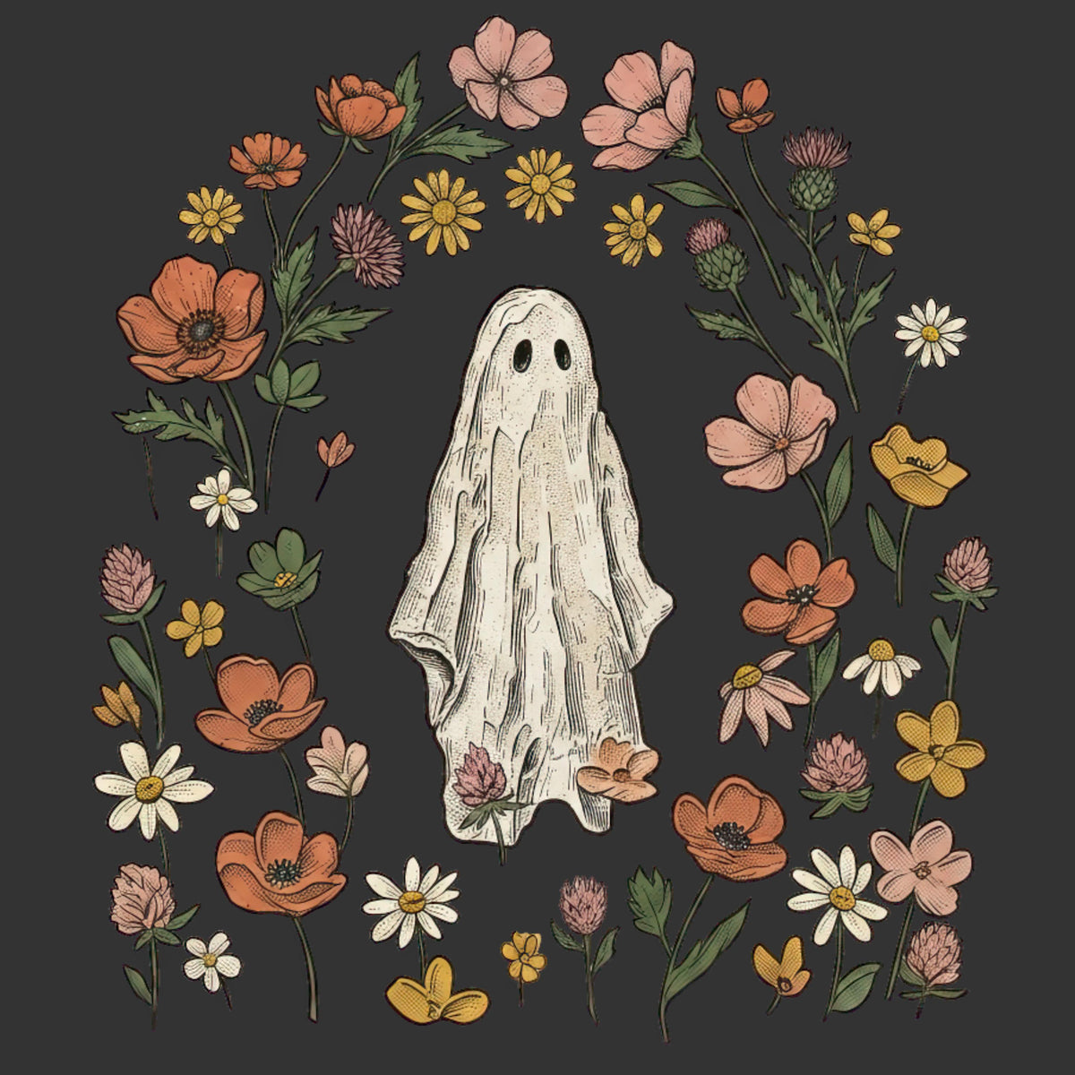 A stylized illustration of a ghostly figure draped in a white sheet, centered within a circular wreath of colorful wildflowers on a dark charcoal background.