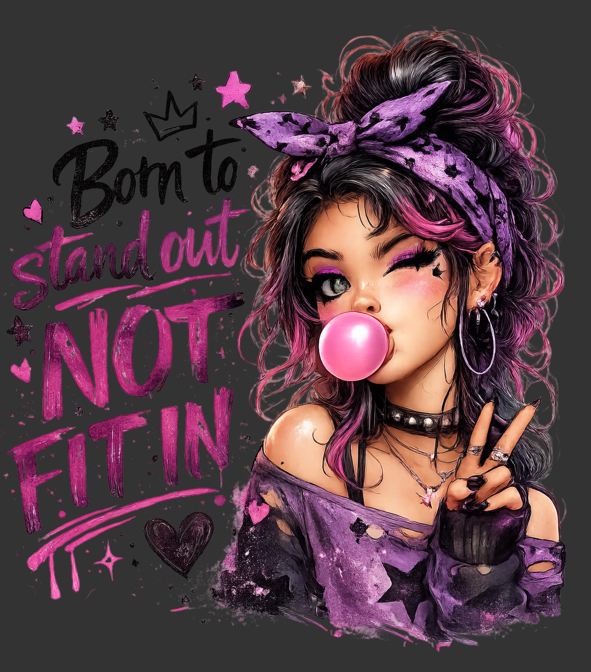 Born to Stand Out Not Fit In girl with pink bubblegum ready to press DTF transfer