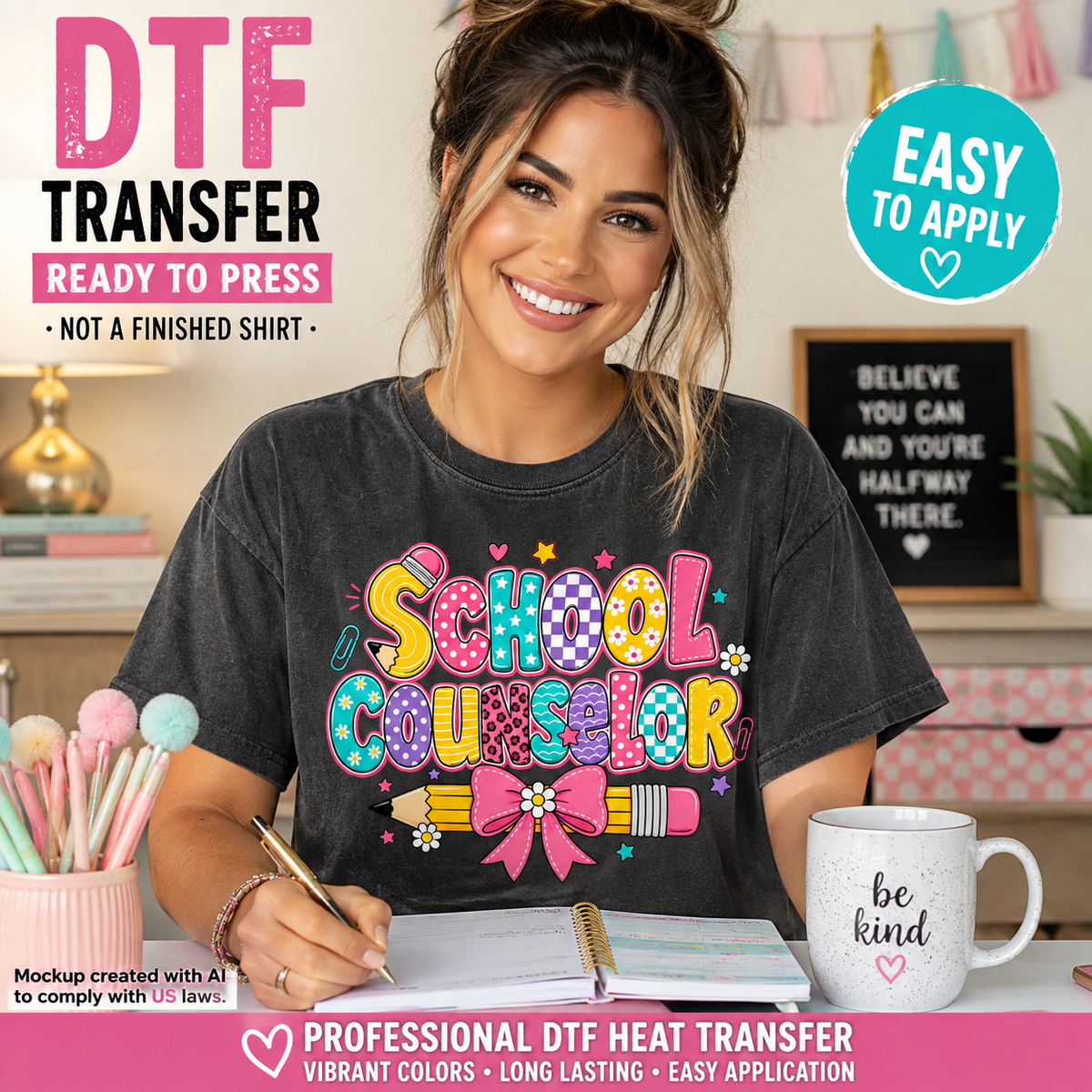 Colorful School Counselor DTF transfer shown on charcoal T-shirt mockup