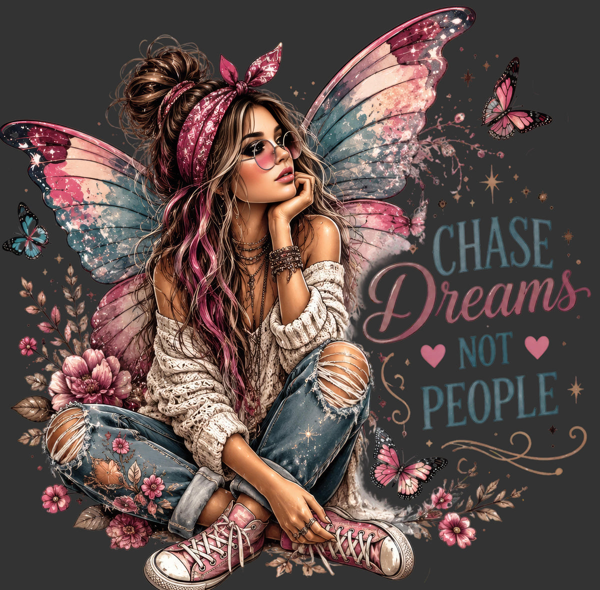 Chase Dreams Not People fairy girl with butterfly wings and flowers ready to press DTF transfer