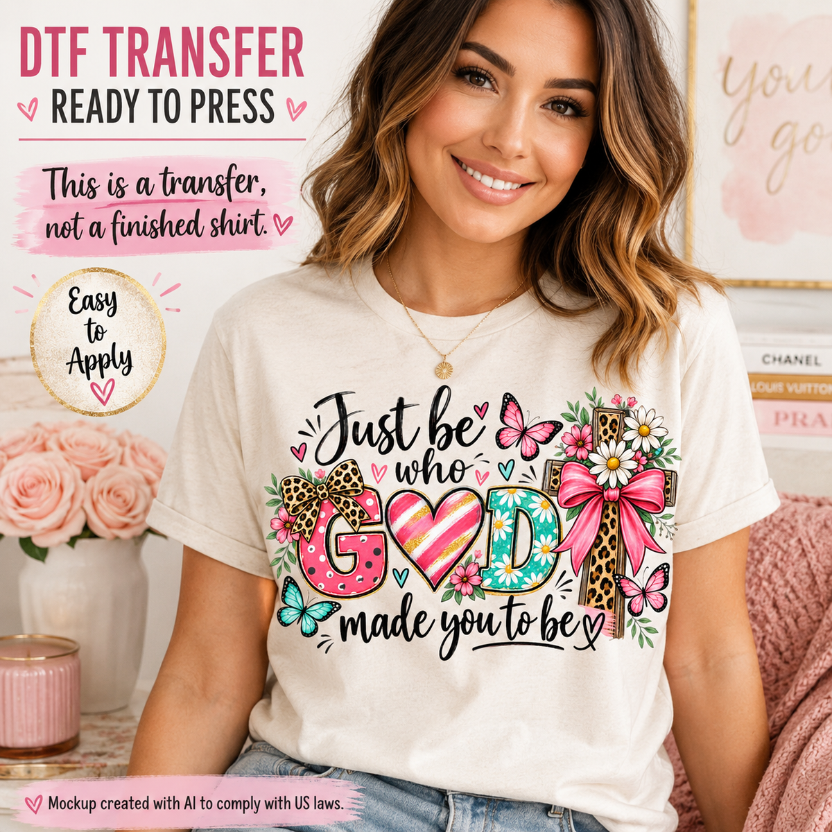 Just Be Who God Made You to Be Christian DTF transfer shown on cream T-shirt mockup
