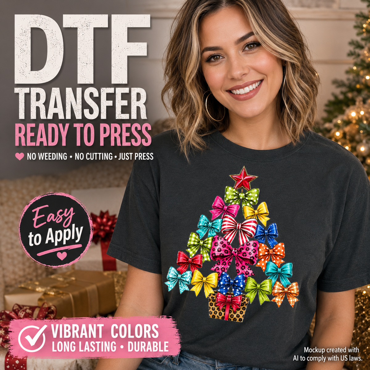 Colorful bow Christmas tree DTF transfer shown on charcoal T-shirt mockup