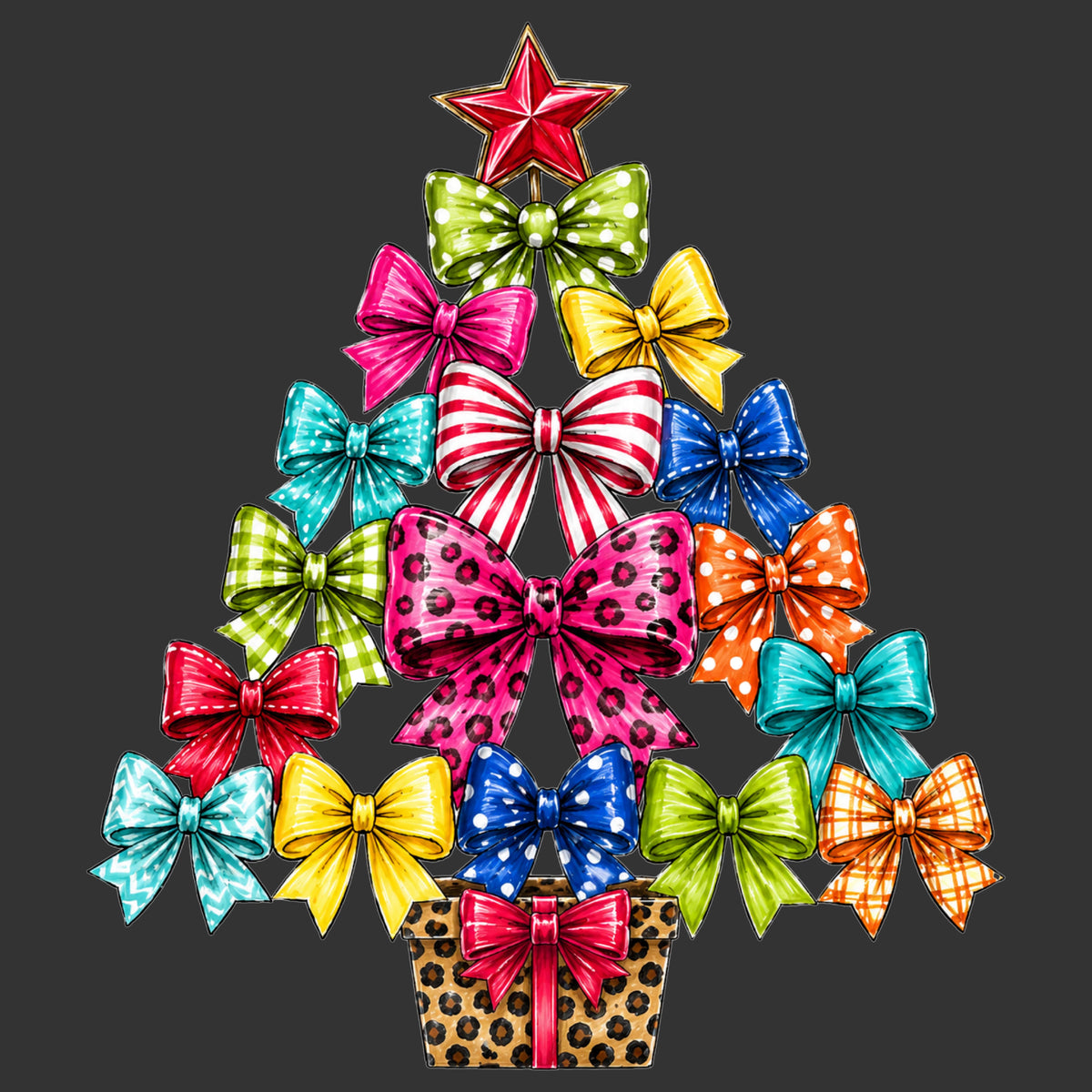 Christmas tree made of colorful bows with leopard gift box ready to press DTF transfer