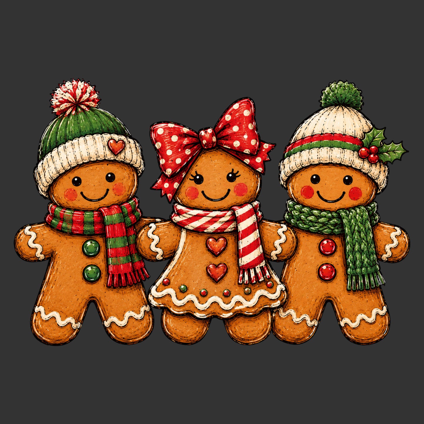 Three Christmas gingerbread friends with winter hats scarves and bow ready to press DTF transfer
