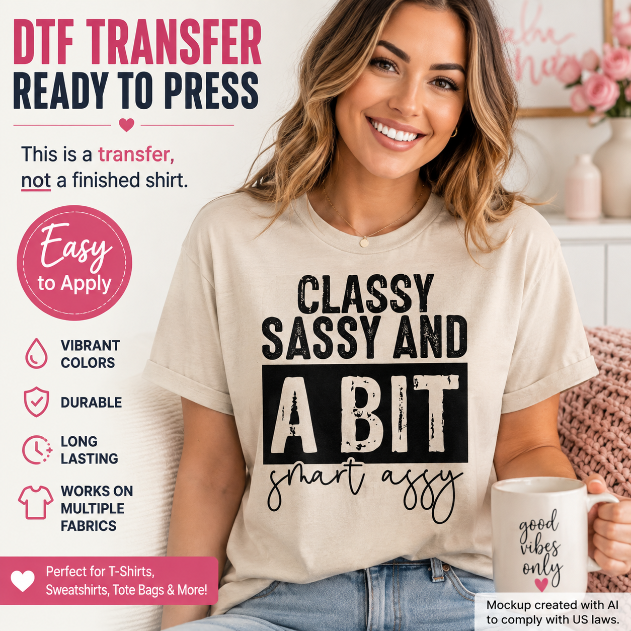 A woman wearing a beige graphic T-shirt with a black and white text design that reads 'CLASSY SASSY AND A BIT smart assy'. The image is a promotional mockup for a DTF (Direct to Film) transfer, with text overlays detailing product features like 'Easy to Apply' and 'Works on multiple fabrics'.