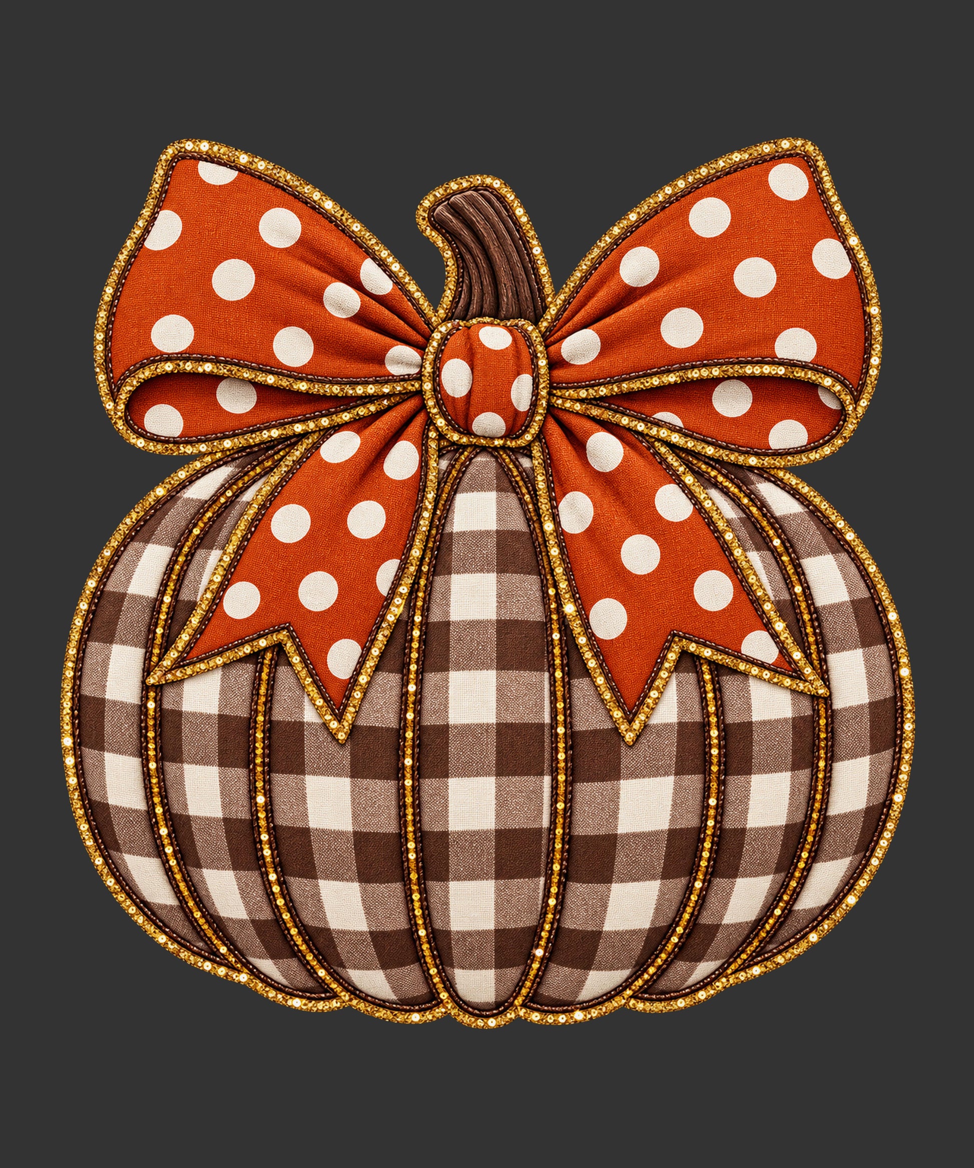Brown gingham pumpkin with orange polka dot bow ready to press fall DTF transfer
