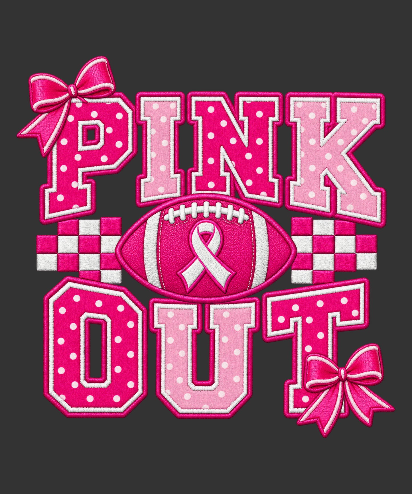 Pink Out football with breast cancer awareness ribbon bows and checkerboard ready to press DTF transfer