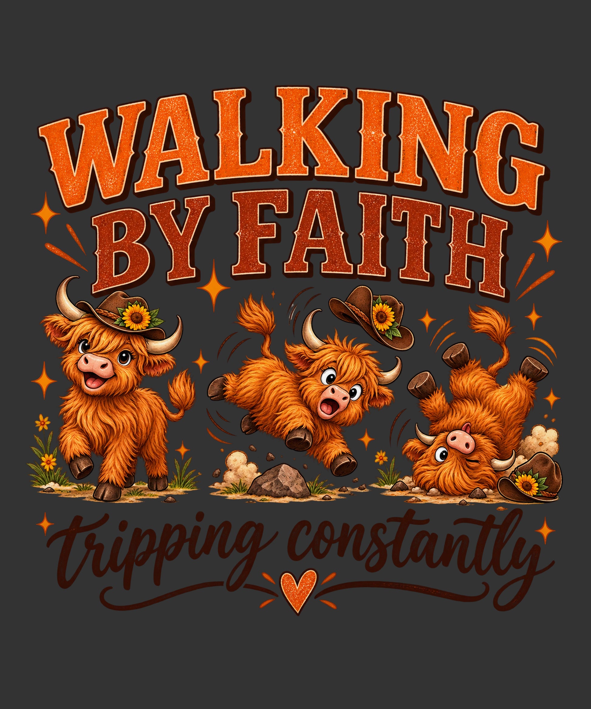 Walking by Faith Tripping Constantly Highland cows Christian ready to press DTF transfer
