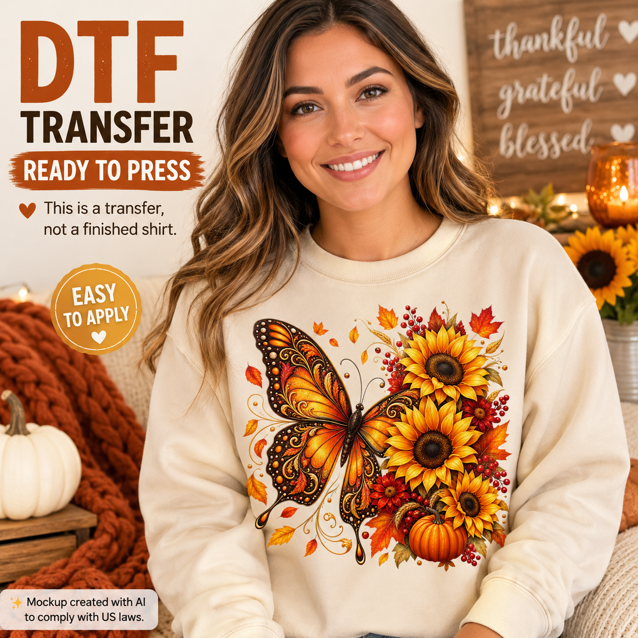 A smiling woman wearing a cream sweatshirt with a large autumn graphic featuring a butterfly, sunflowers, pumpkins, and fall leaves. Large text on the left reads 'DTF TRANSFER READY TO PRESS' with smaller notes about applying the transfer.