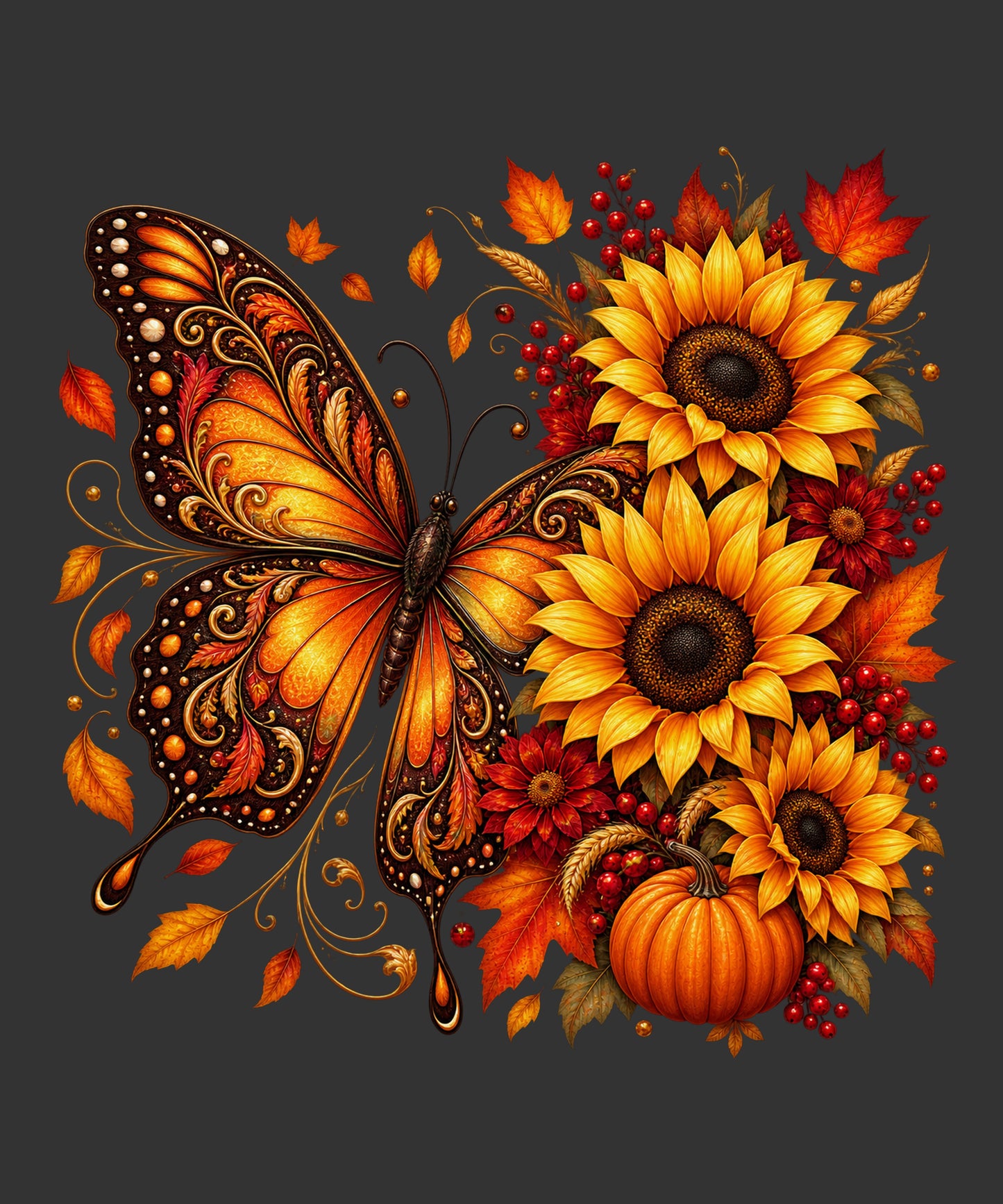 A stylized autumn floral arrangement featuring a large orange and black butterfly, three yellow sunflowers, orange pumpkins, red berries, and scattered fall leaves on a dark gray background.