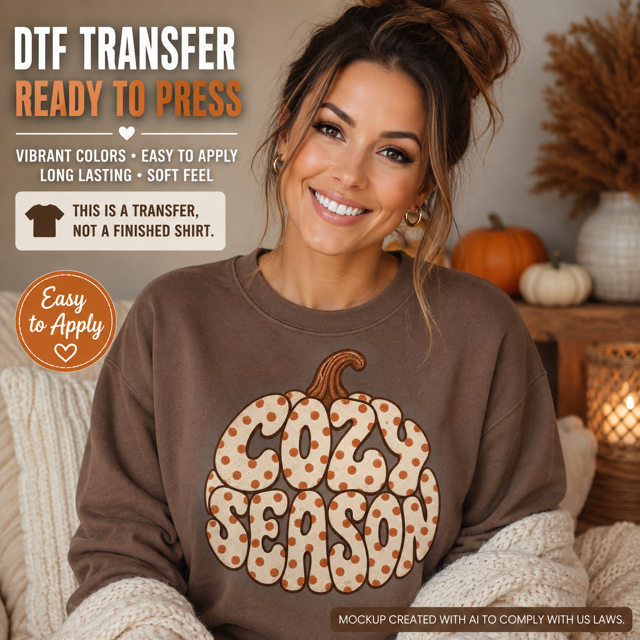 Cozy Season pumpkin fall DTF transfer shown on brown sweatshirt mockup