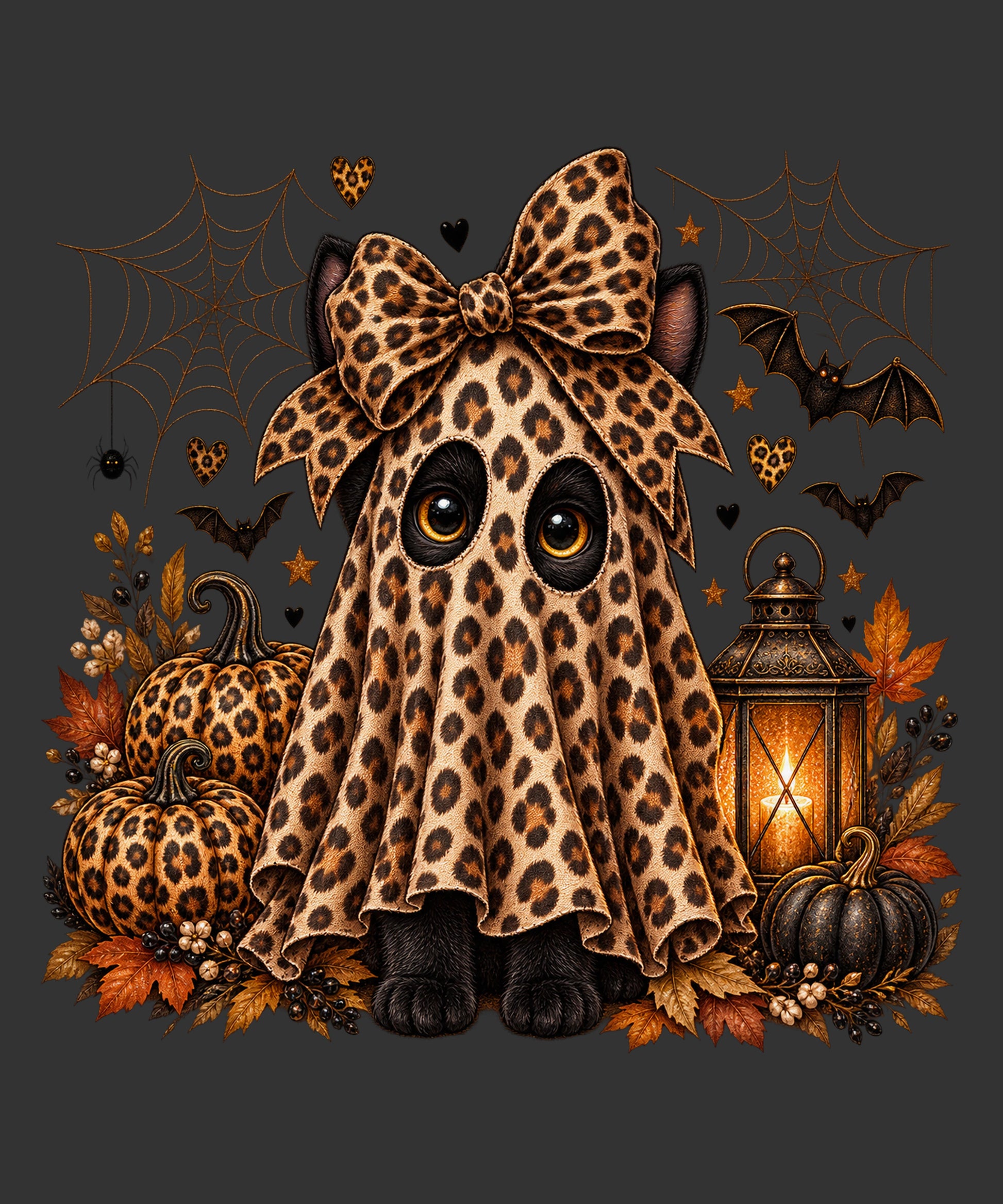 Leopard print ghost with bow pumpkins bats spiderwebs and lantern ready to press Halloween DTF transfer.
