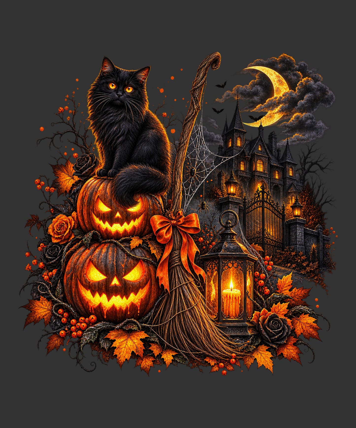 Black cat with jack-o-lanterns haunted house broom and moon ready to press Halloween DTF transfer