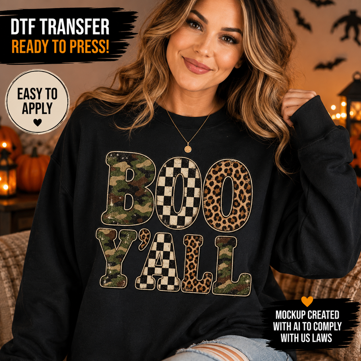 A woman wearing a black sweatshirt with a 'BOO Y'ALL' graphic made of camouflage, checkerboard, and leopard print patterns, in a cozy Halloween-themed room.