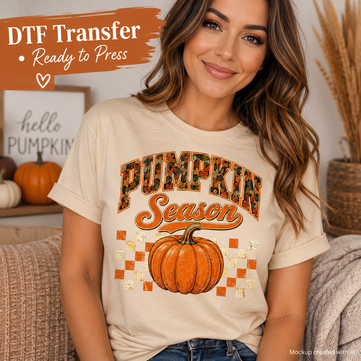 Pumpkin Season checkerboard fall DTF transfer shown on cream T-shirt mockup
