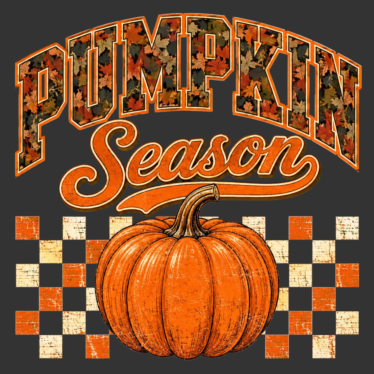 Pumpkin Season orange pumpkin with fall leaves and checkerboard ready to press DTF transfer