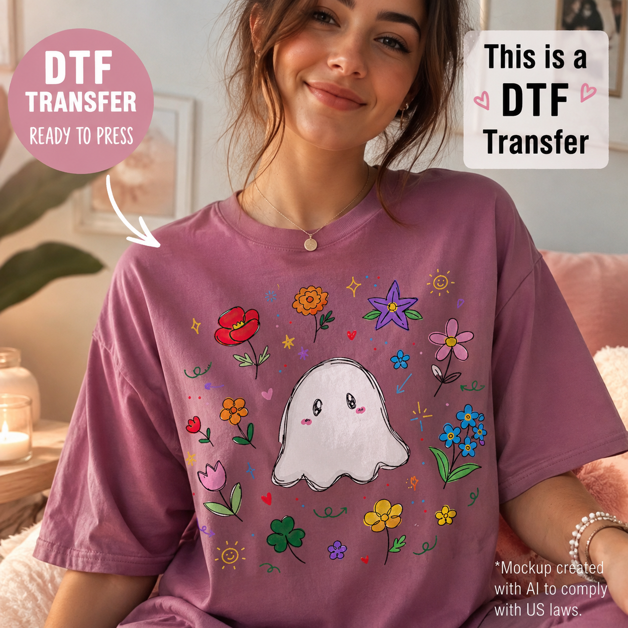 Cute floral ghost Halloween DTF transfer shown on mauve T-shirt mockup