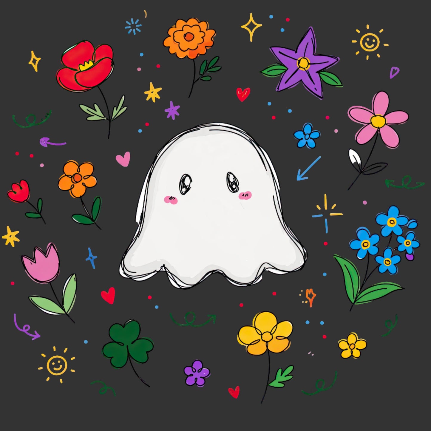 Cute white ghost surrounded by colorful flowers and doodles ready to press Halloween DTF transfer